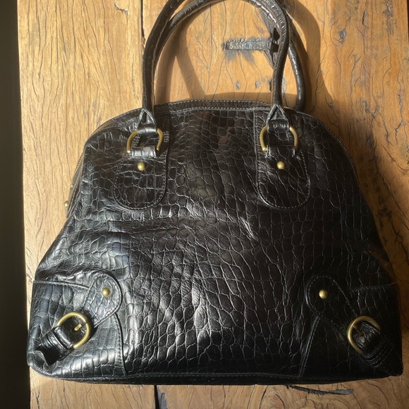 Banana Republic Leather Satchel Bag in Black Crocodile Pattern Brass Details - Picture 7 of 14